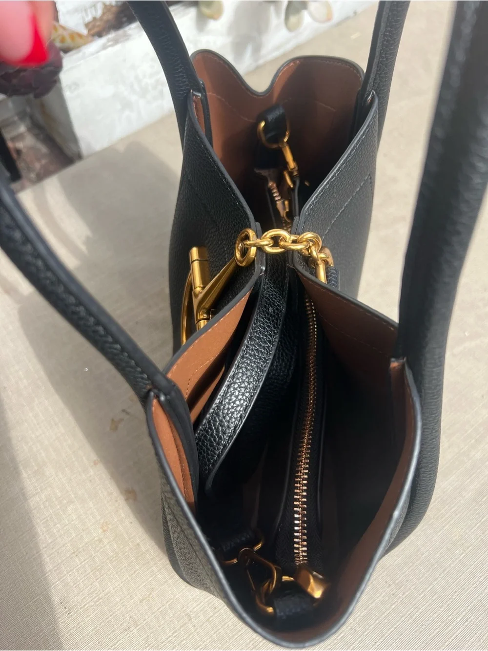 Black Pebbled Leather Tote with Gold Hardware